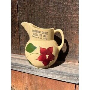 Vintage Advertising Pitcher - Farmers Co-Op Elevator Co Fairdale ND Floral